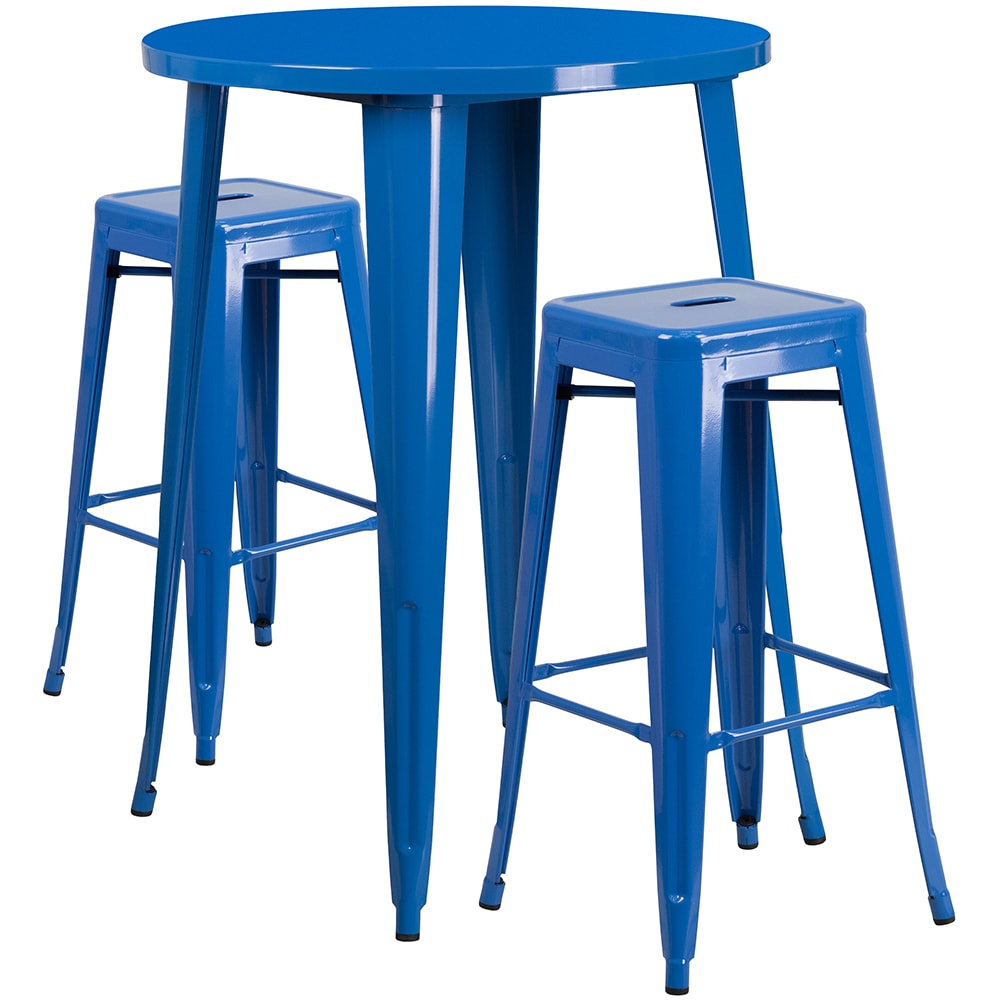 Flash Furniture CH-51090BH-2-30SQST-BL-GG 30" Square Bar Height Table w/ (2) Bar Stool Set - Blue Steel Top, Steel Base