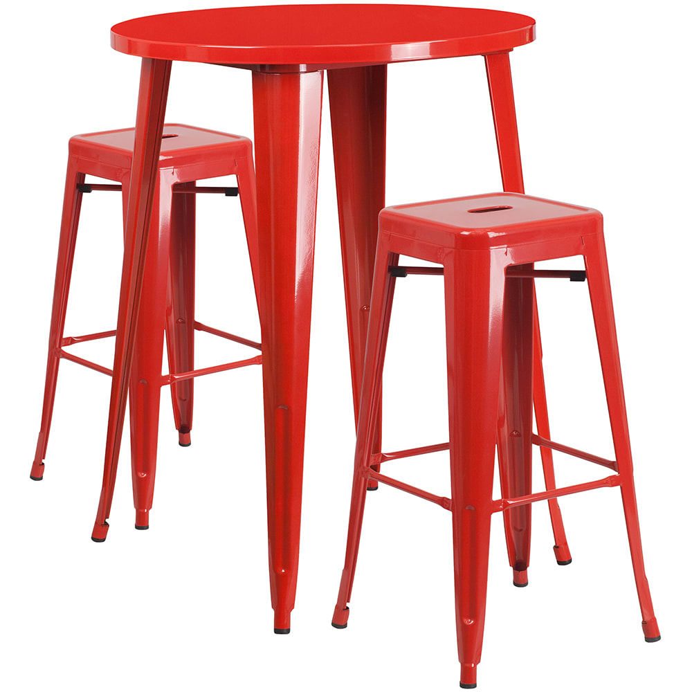 Flash Furniture CH-51090BH-2-30SQST-RED-GG 30" Square Bar Height Table w/ (2) Bar Stool Set - Red Steel Top, Steel Base