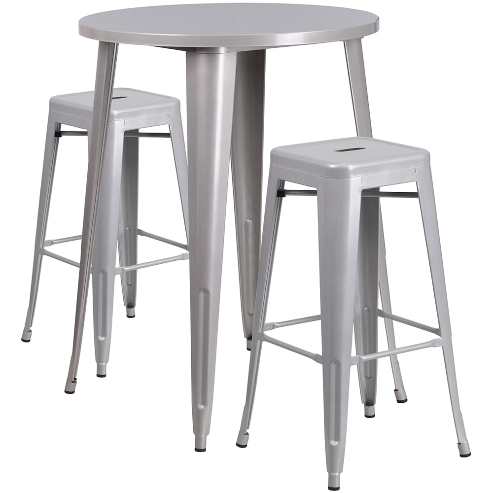 Flash Furniture CH-51090BH-2-30SQST-SIL-GG 30" Square Bar Height Table w/ (2) Bar Stool Set - Silver Steel Top, Steel Base