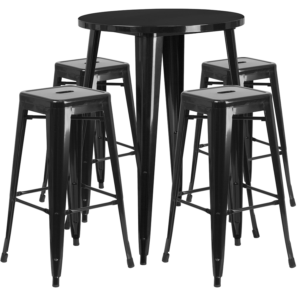 Flash Furniture CH-51090BH-4-30SQST-BK-GG 30" Square Bar Height Table w/ (4) Bar Stool Set - Black Steel Top, Steel Base