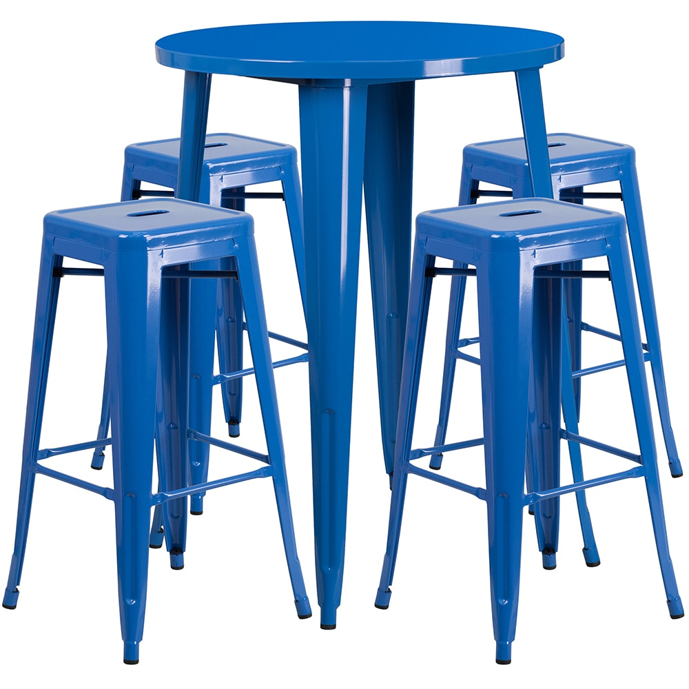 Flash Furniture CH-51090BH-4-30SQST-BL-GG 30" Square Bar Height Table w/ (4) Bar Stool Set - Blue Steel Top, Steel Base