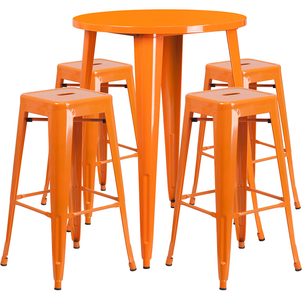 Flash Furniture CH-51090BH-4-30SQST-OR-GG 30" Square Bar Height Table w/ (4) Bar Stool Set - Orange Steel Top, Steel Base