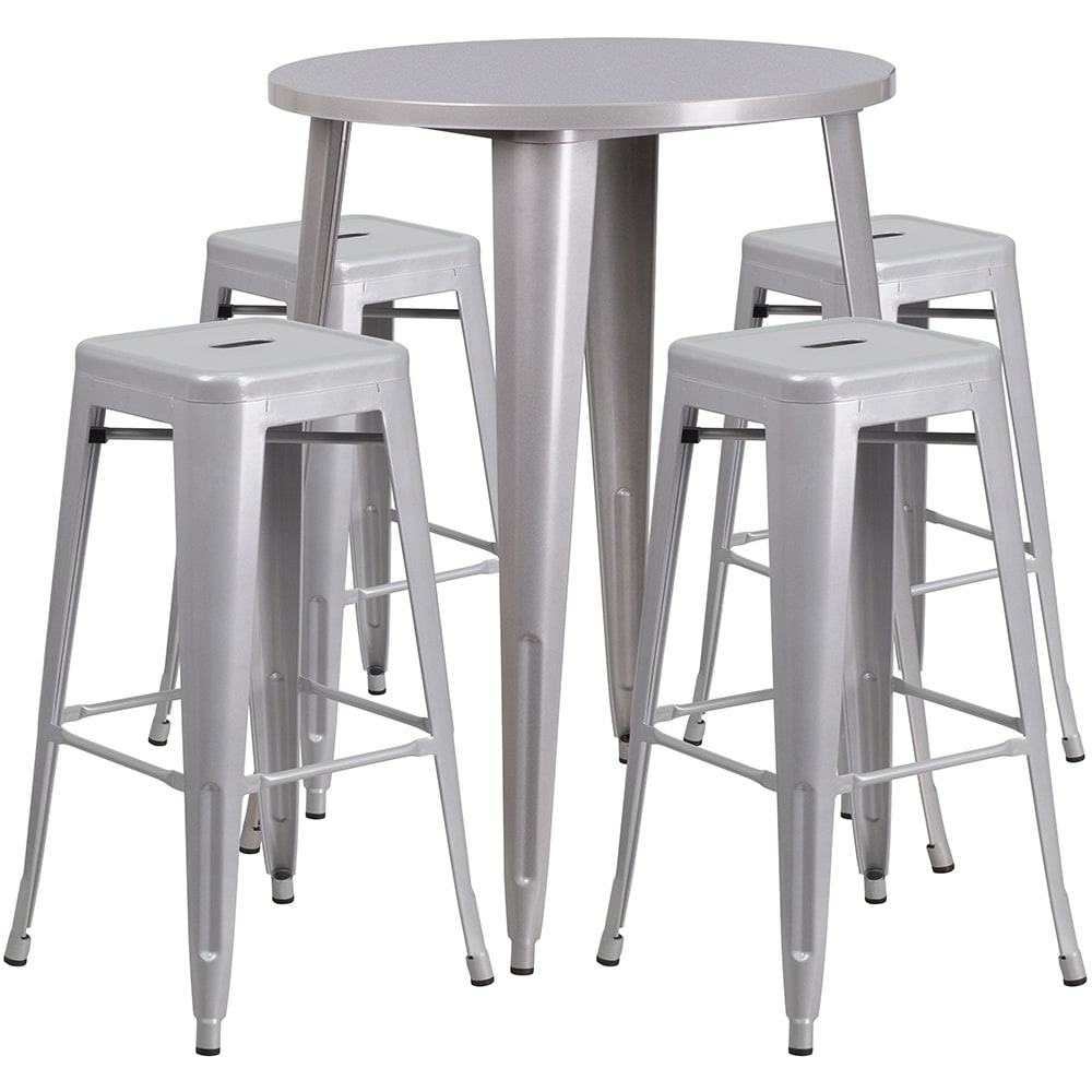 Flash Furniture CH-51090BH-4-30SQST-SIL-GG 30" Square Bar Height Table w/ (4) Bar Stool Set - Silver Steel Top, Steel Base