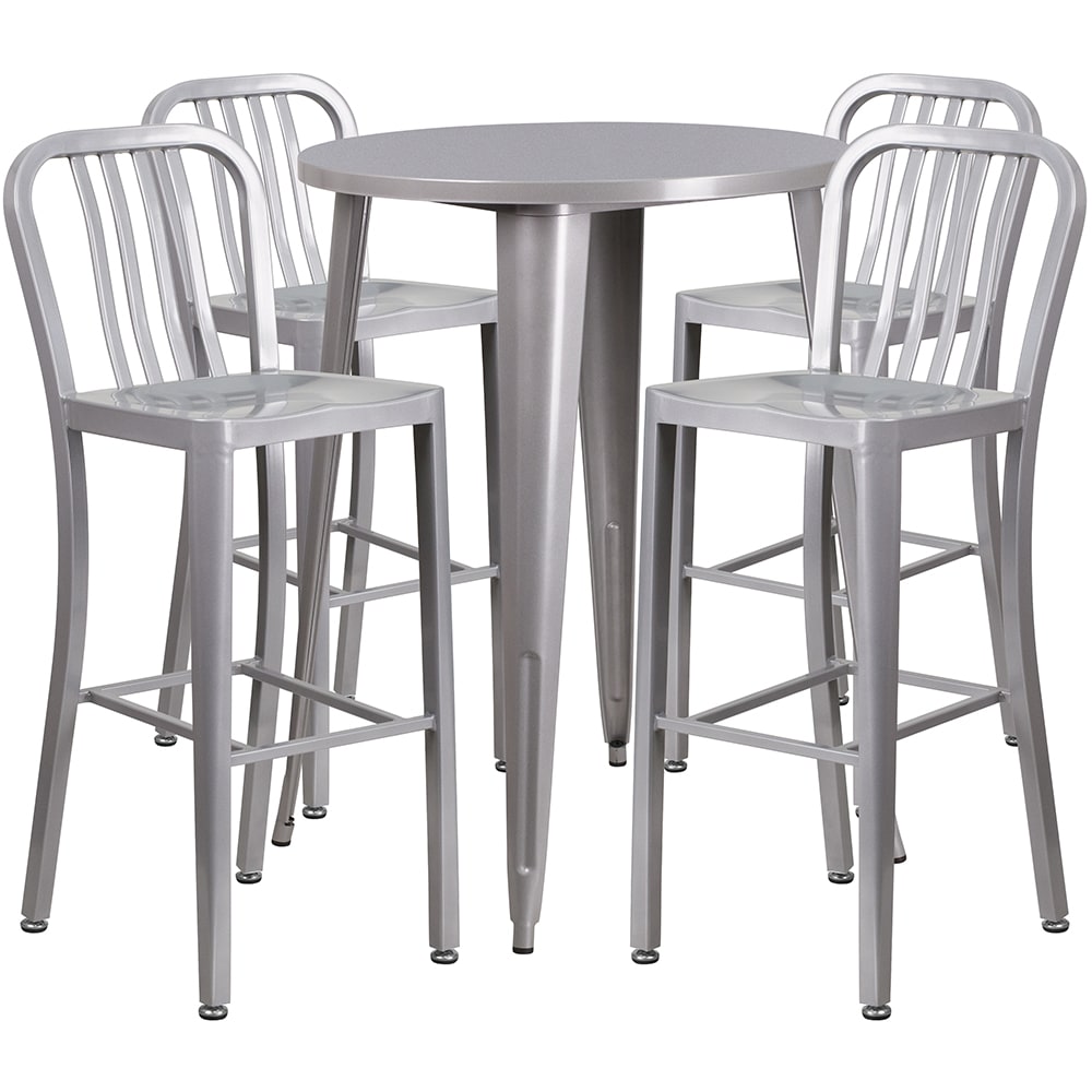 Flash Furniture CH-51090BH-4-30VRT-SIL-GG 30" Square Bar Height Table w/ (4) Bar Stool Set - Silver Steel Top, Steel Base