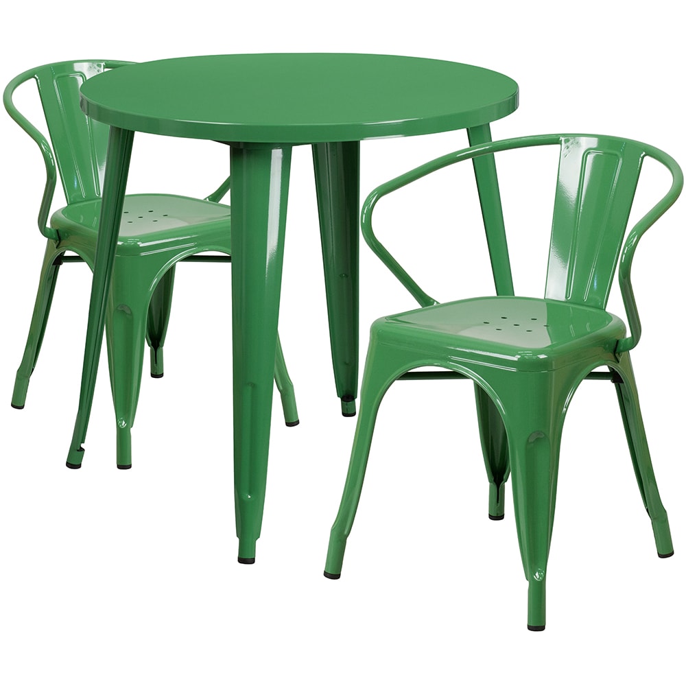 Flash Furniture CH-51090TH-2-18ARM-GN-GG 30" Round Table & (2) Arm Chair Set - Metal, Green