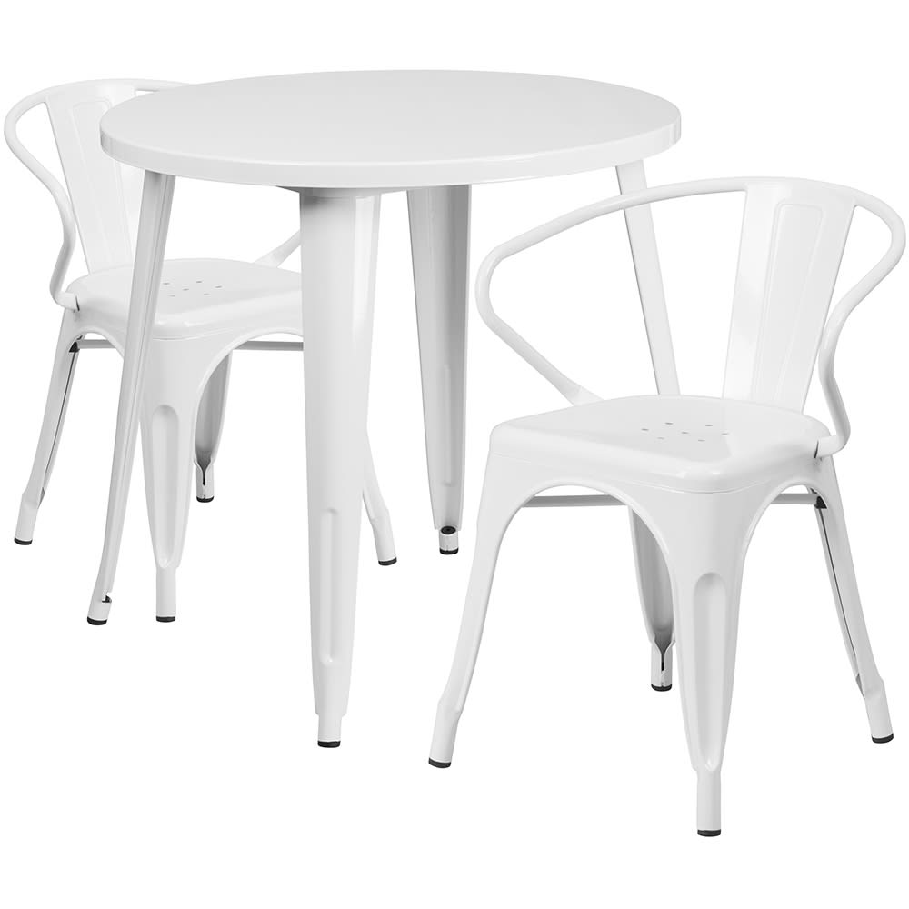 Flash Furniture CH-51090TH-2-18ARM-WH-GG 30" Round Table & (2) Arm Chair Set - Metal, White