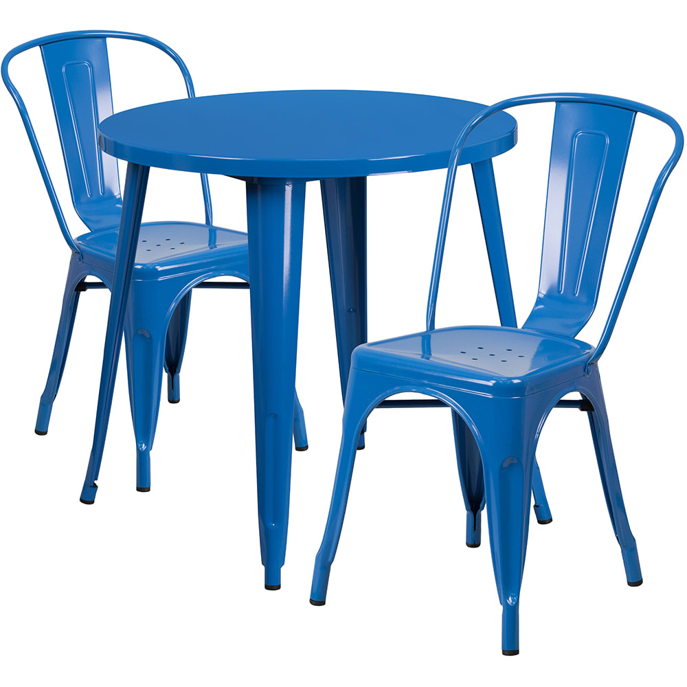 Flash Furniture CH-51090TH-2-18CAFE-BL-GG 30" Round Table & (2) Café Chair Set - Metal, Blue