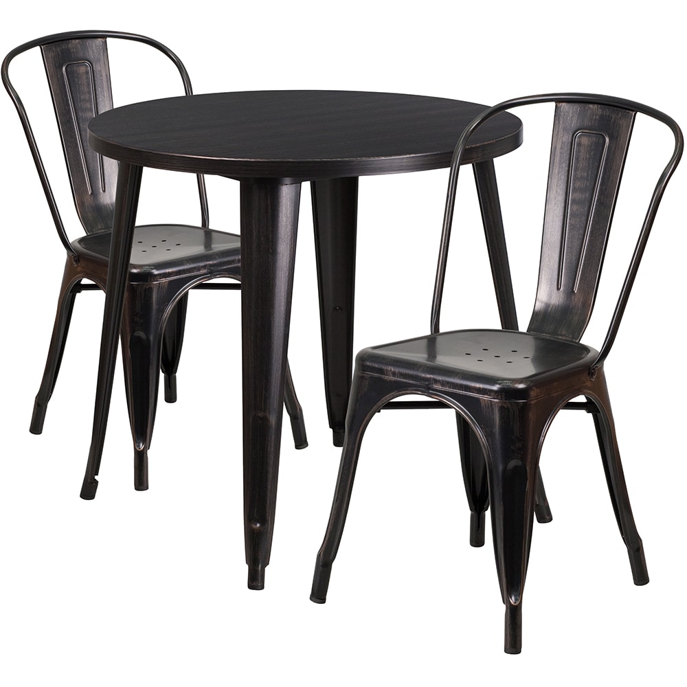 Flash Furniture CH-51090TH-2-18CAFE-BQ-GG 30" Round Table & (2) Café Chair Set - Metal, Black & Antique Gold