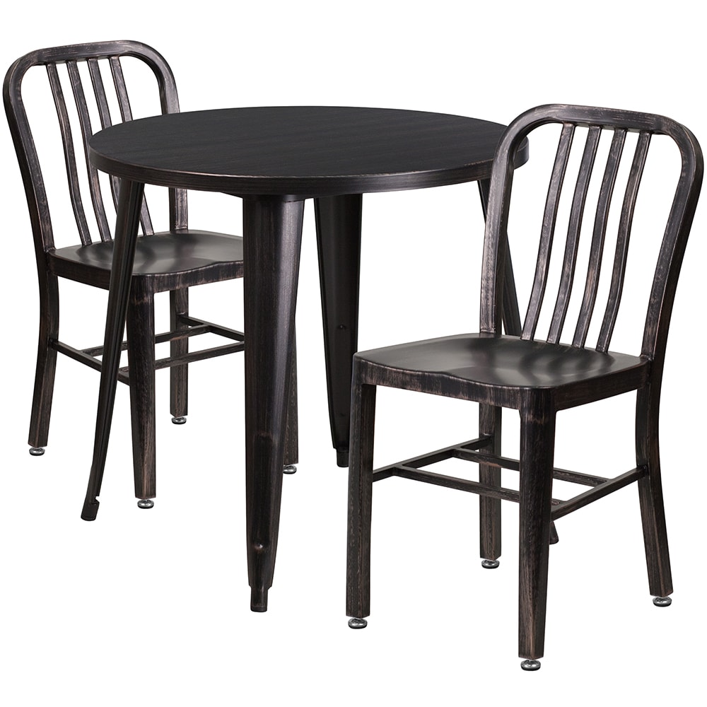 Flash Furniture CH-51090TH-2-18VRT-BQ-GG 30" Round Table & (2) Chair Set - Metal, Black & Antique Gold