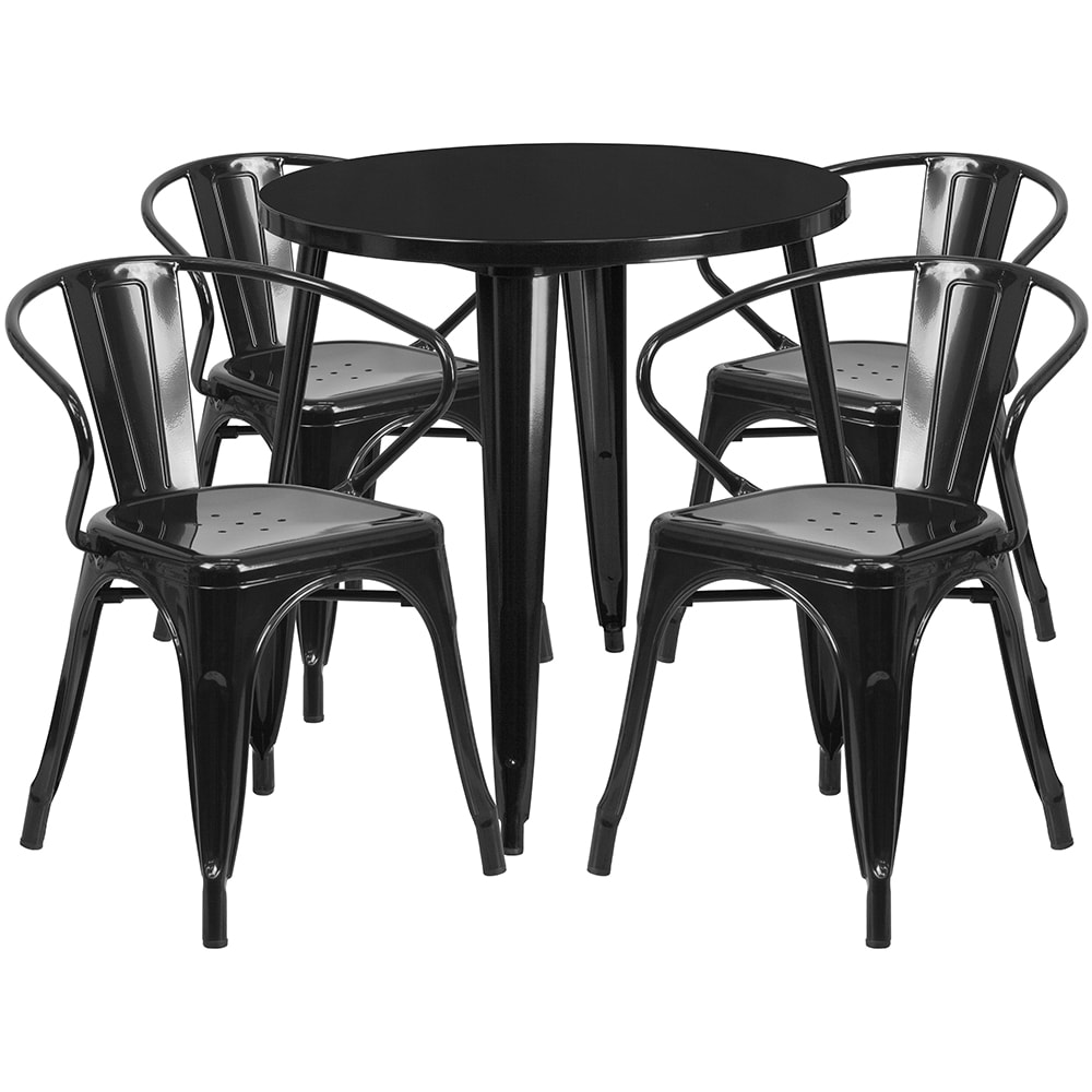 Flash Furniture CH-51090TH-4-18ARM-BK-GG 30" Round Table & (4) Arm Chair Set - Metal, Black