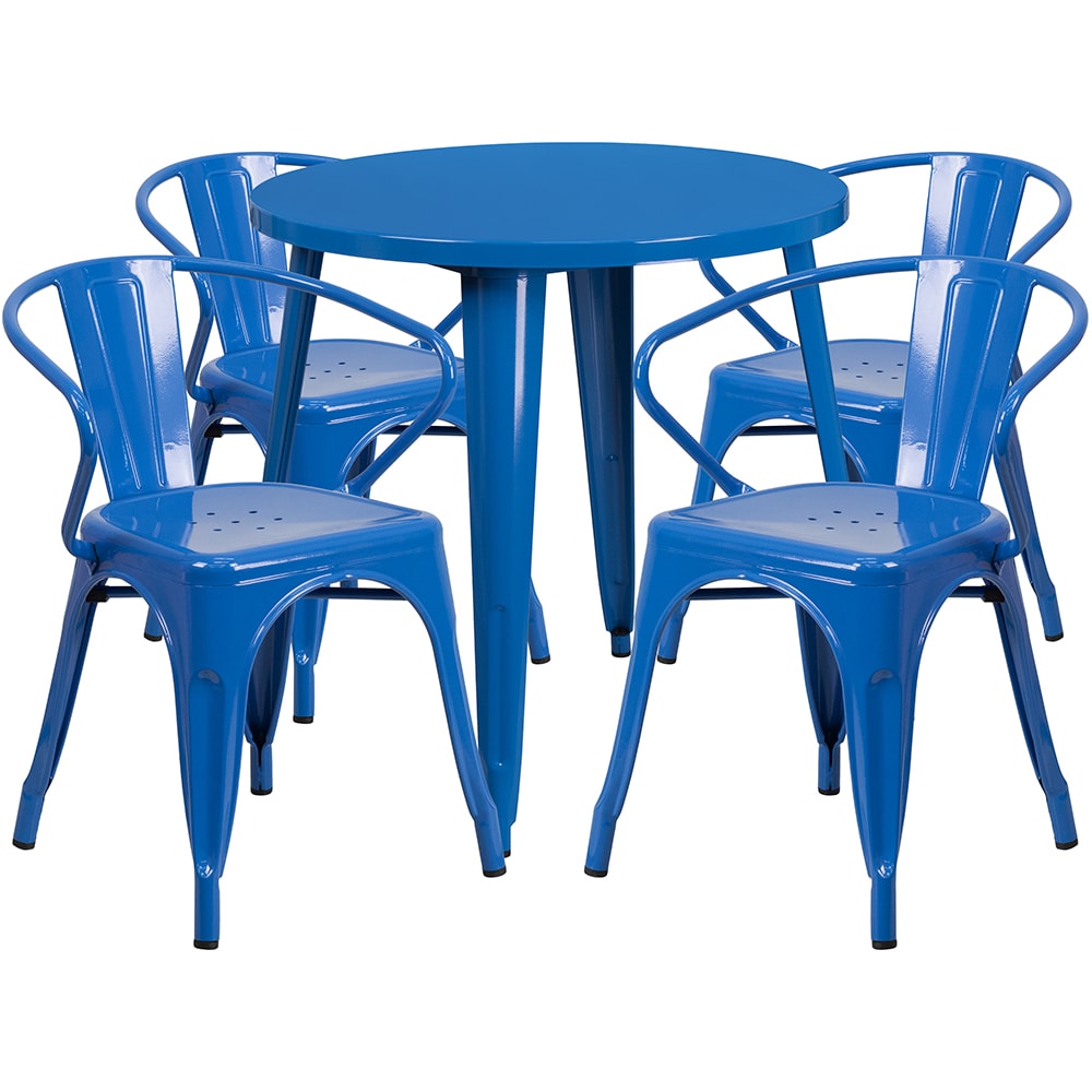 Flash Furniture CH-51090TH-4-18ARM-BL-GG 30" Round Table & (4) Arm Chair Set - Metal, Blue