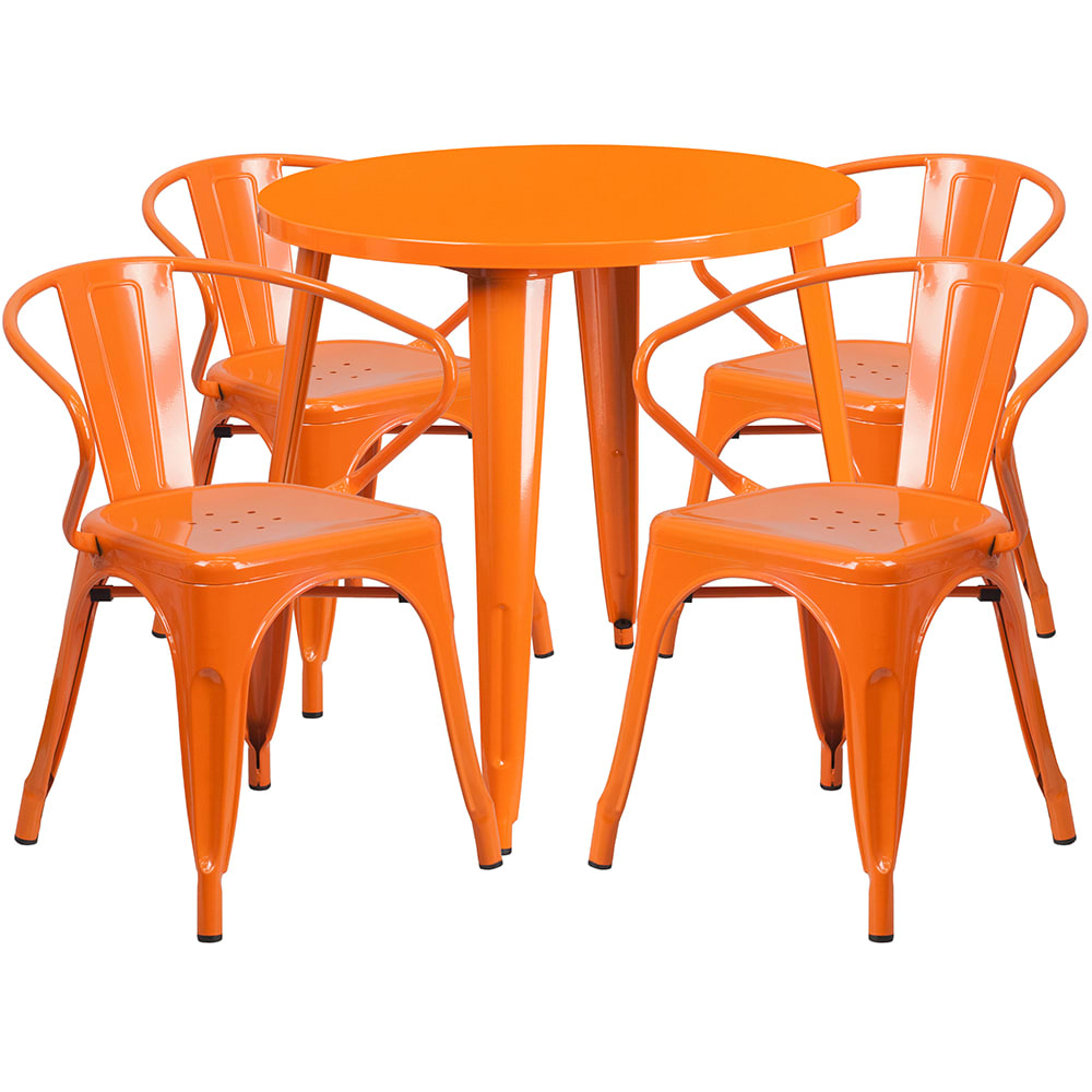 Flash Furniture CH-51090TH-4-18ARM-OR-GG 30" Round Table & (4) Arm Chair Set - Metal, Orange