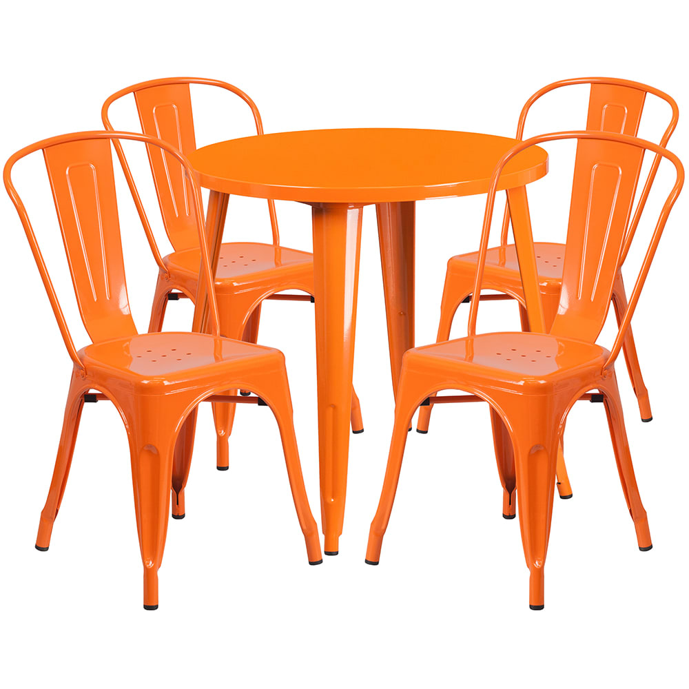 Flash Furniture CH-51090TH-4-18CAFE-OR-GG 30" Round Table & (4) Café Chair Set - Metal, Orange