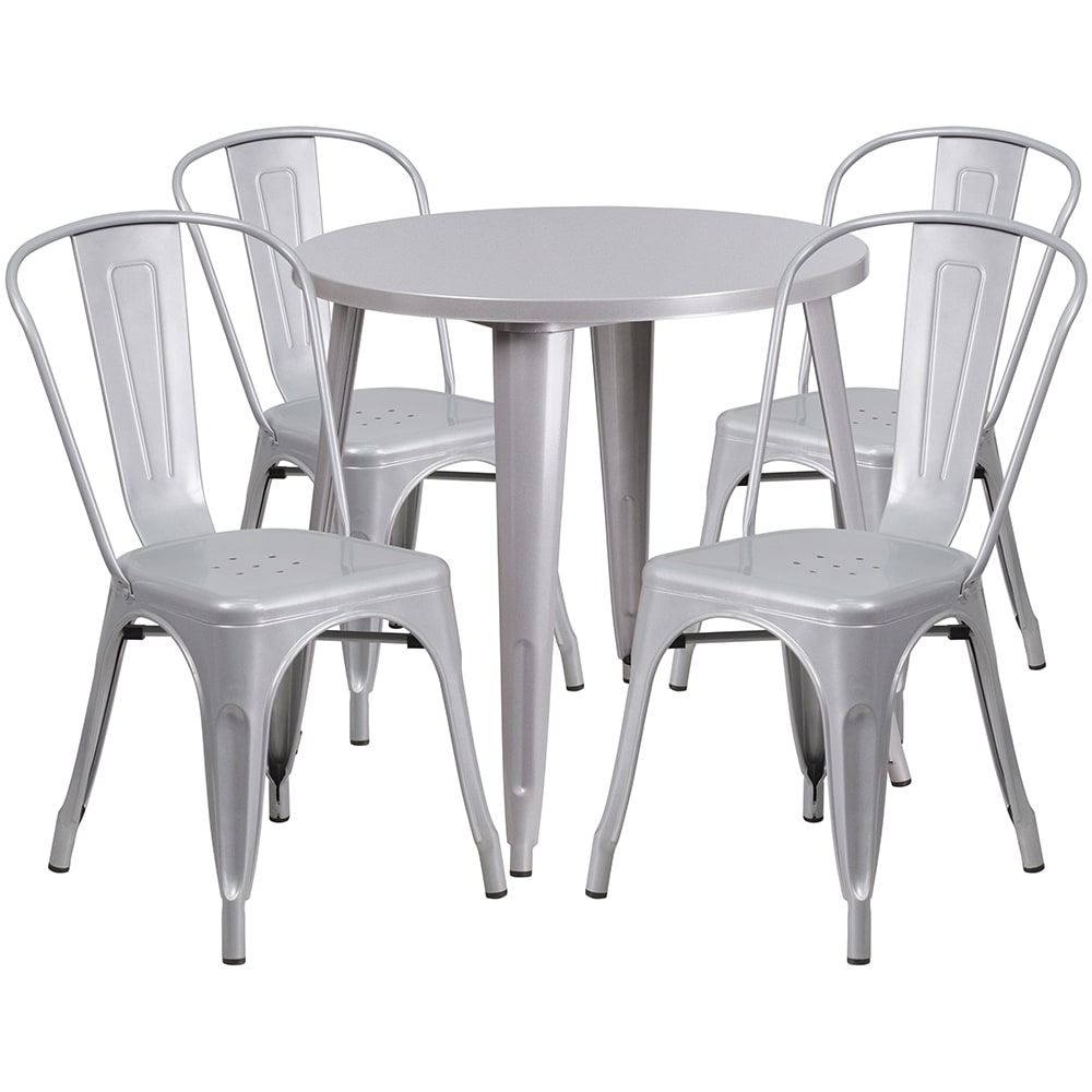 Flash Furniture CH-51090TH-4-18CAFE-SIL-GG 30" Round Table & (4) Café Chair Set - Metal, Silver