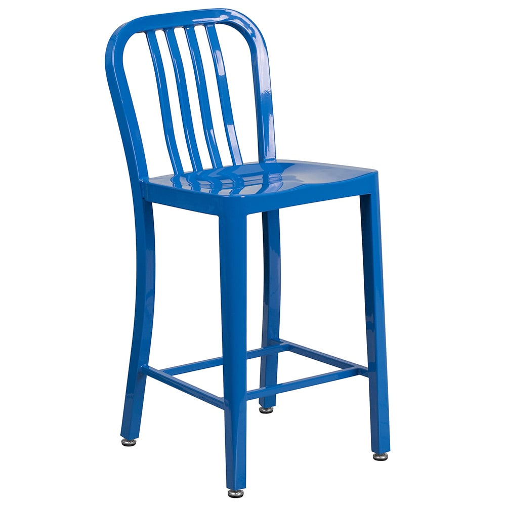 Flash Furniture CH-61200-24-BL-GG Counter Height Bar Stool w/ Vertical Slat Back & Metal Seat, Blue