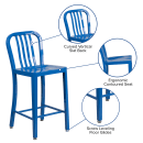 Flash Furniture CH-61200-24-BL-GG Counter Height Bar Stool w/ Vertical Slat Back & Metal Seat, Blue thumbnail 6