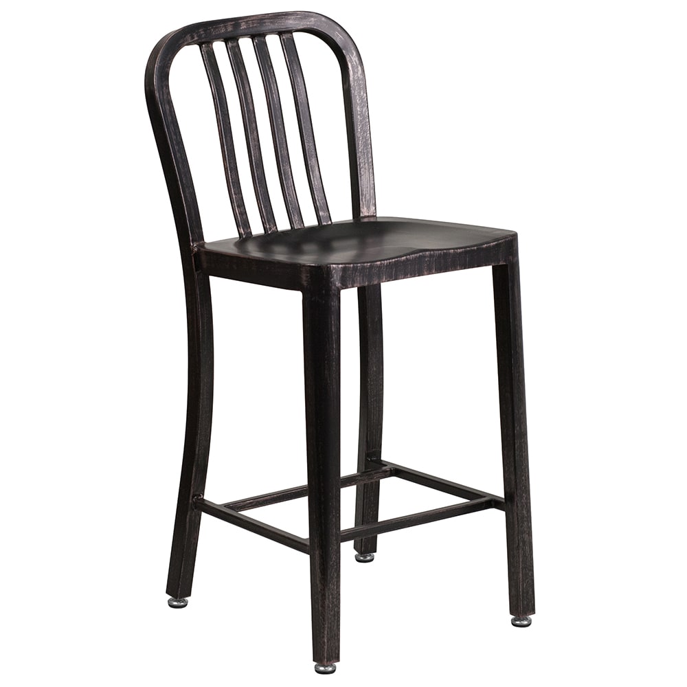 Flash Furniture CH-61200-24-BQ-GG Counter Height Bar Stool w/ Vertical Slat Back & Metal Seat, Black Antique Gold