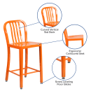 Flash Furniture CH-61200-24-OR-GG Counter Height Bar Stool w/ Vertical Slat Back & Metal Seat, Orange thumbnail 6