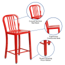 Flash Furniture CH-61200-24-RED-GG Counter Height Bar Stool w/ Vertical Slat Back & Metal Seat, Red thumbnail 6