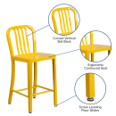 Flash Furniture CH-61200-24-YL-GG Counter Height Bar Stool w/ Vertical Slat Back & Metal Seat, Yellow thumbnail 6