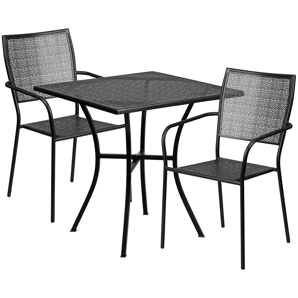 Flash Furniture CO-28SQ-02CHR2-BK-GG 28" Square Patio Table & (2) Square Back Arm Chair Set - Steel, Black