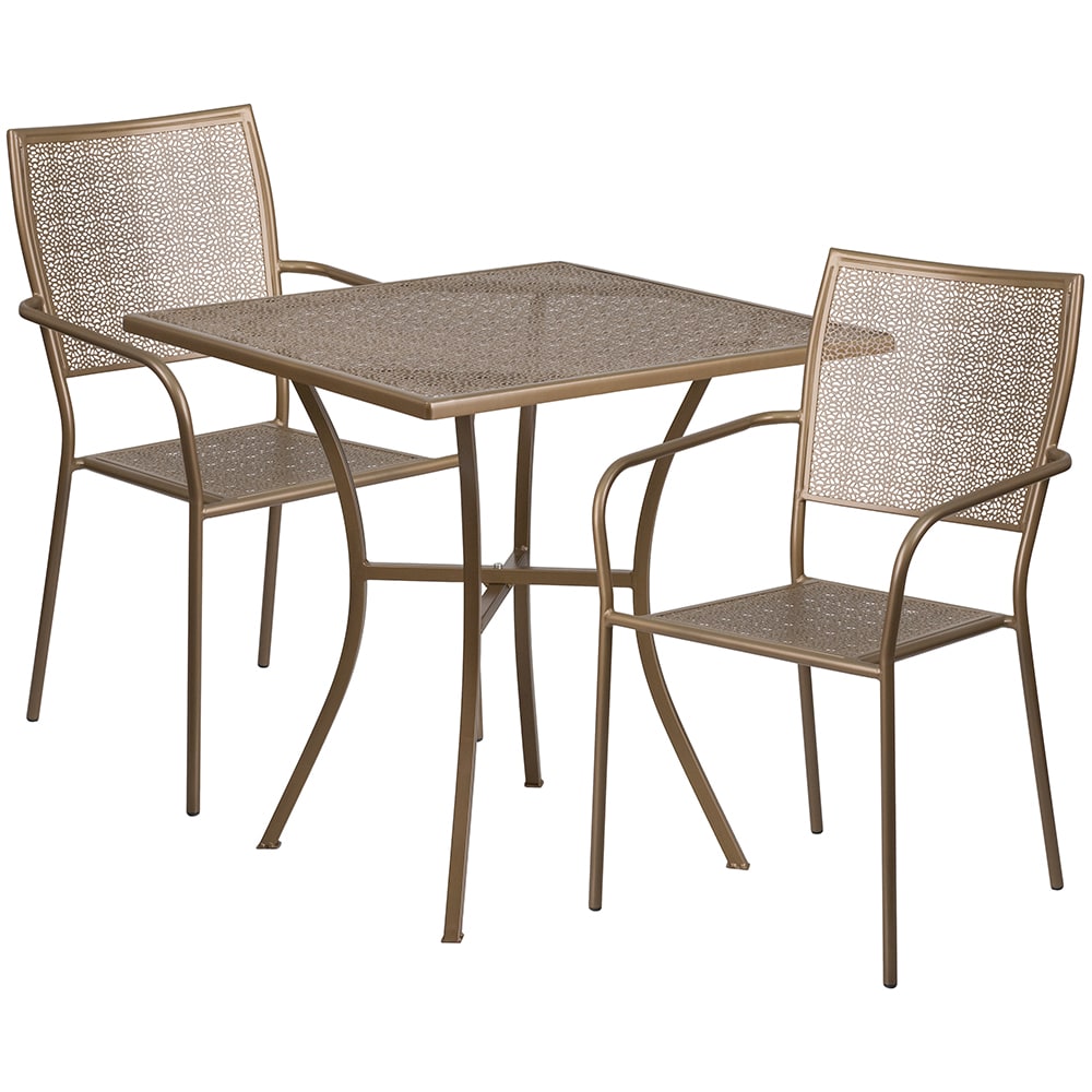 Flash Furniture CO-28SQ-02CHR2-GD-GG 28" Square Patio Table & (2) Square Back Arm Chair Set - Steel, Gold