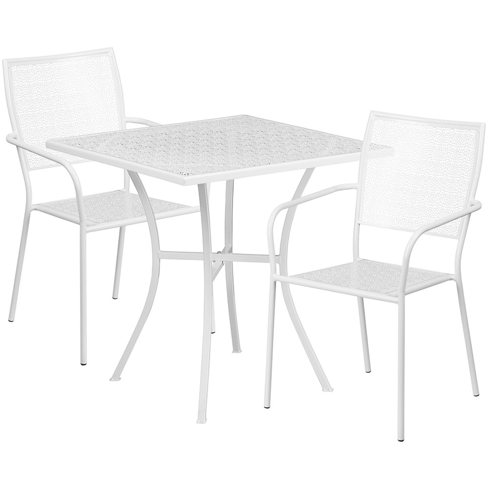 Flash Furniture CO-28SQ-02CHR2-WH-GG 28" Square Patio Table & (2) Square Back Arm Chair Set - Steel, White