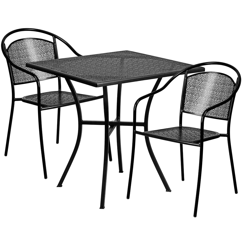 Flash Furniture CO-28SQ-03CHR2-BK-GG 28" Square Patio Table & (2) Round Back Arm Chair Set - Steel, Black