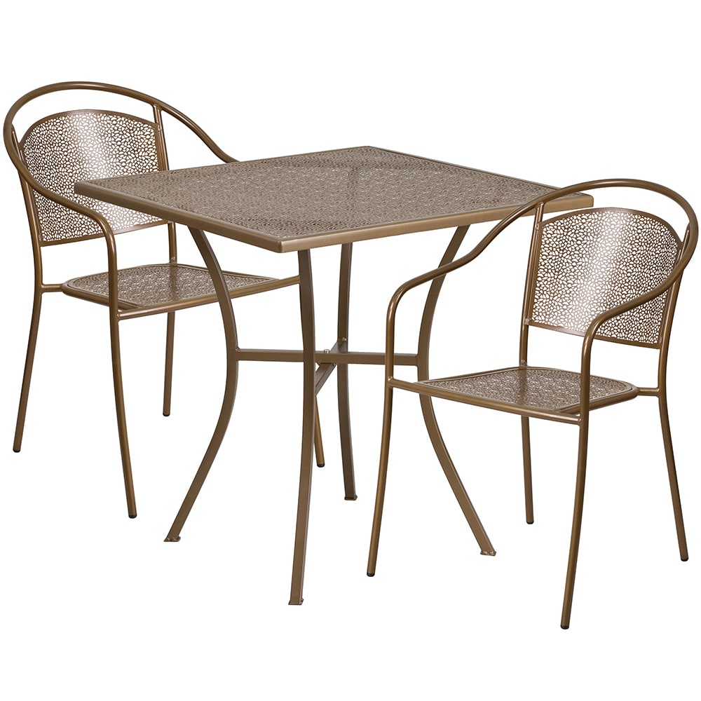 Flash Furniture CO-28SQ-03CHR2-GD-GG 28" Square Patio Table & (2) Round Back Arm Chair Set - Steel, Gold
