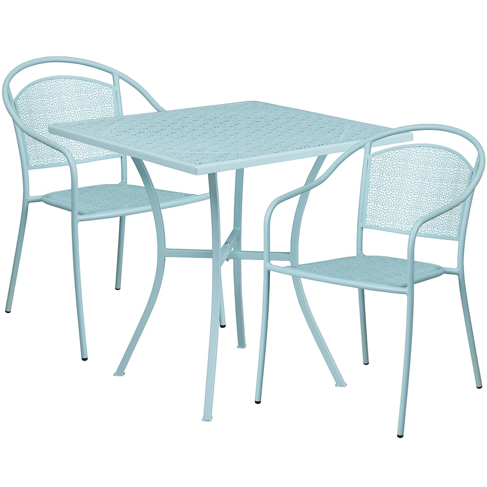 Flash Furniture CO-28SQ-03CHR2-SKY-GG 28" Square Patio Table & (2) Round Back Arm Chair Set - Steel, Sky Blue