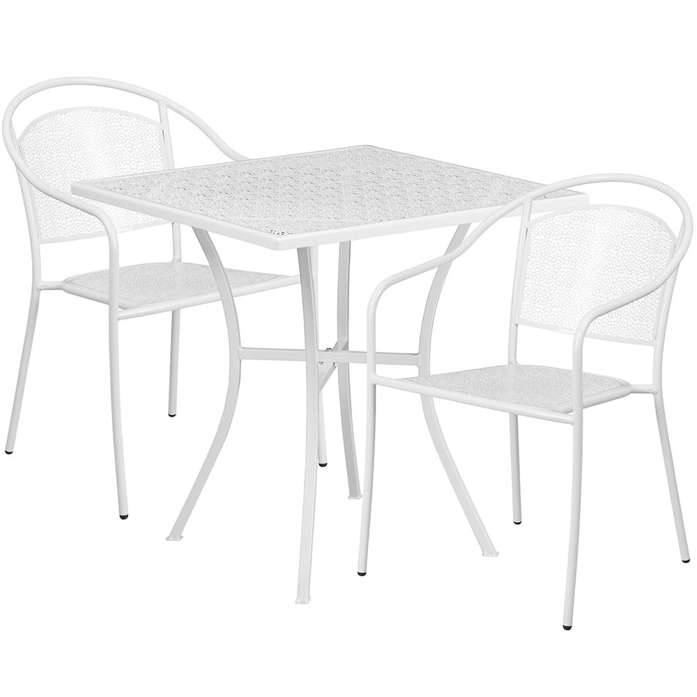 Flash Furniture CO-28SQ-03CHR2-WH-GG 28" Square Patio Table & (2) Round Back Arm Chair Set - Steel, White