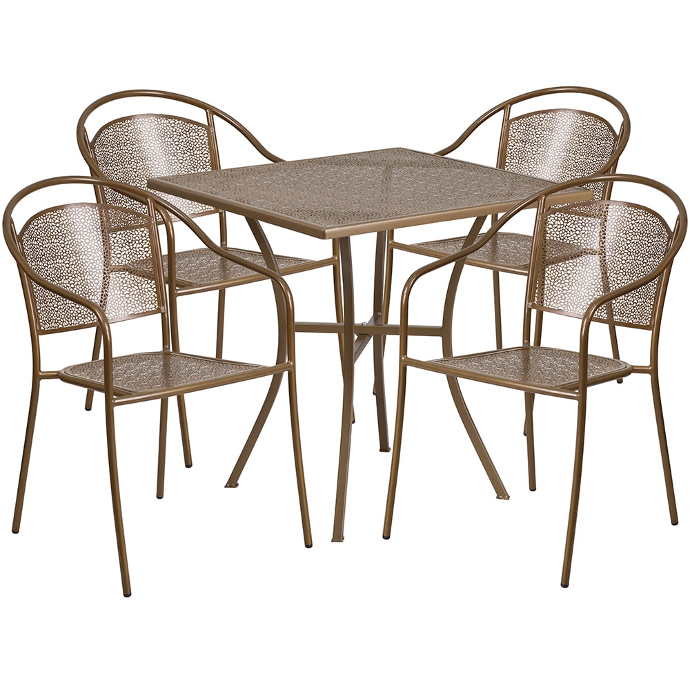 Flash Furniture CO-28SQ-03CHR4-GD-GG 28" Square Patio Table & (4) Round Back Arm Chair Set - Steel, Gold