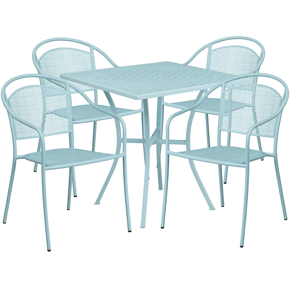 Flash Furniture CO-28SQ-03CHR4-SKY-GG 28" Square Patio Table & (4) Round Back Arm Chair Set - Steel, Sky Blue