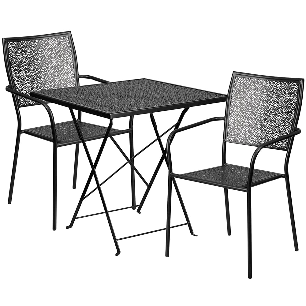 Flash Furniture CO-28SQF-02CHR2-BK-GG 28" Square Folding Patio Table & (2) Square Back Arm Chair Set - Steel, Black