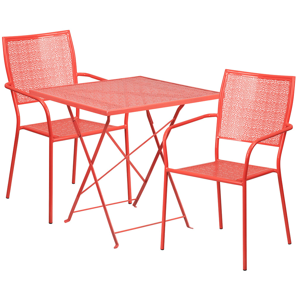 Flash Furniture CO-28SQF-02CHR2-RED-GG 28" Square Folding Patio Table & (2) Square Back Arm Chair Set - Steel, Coral