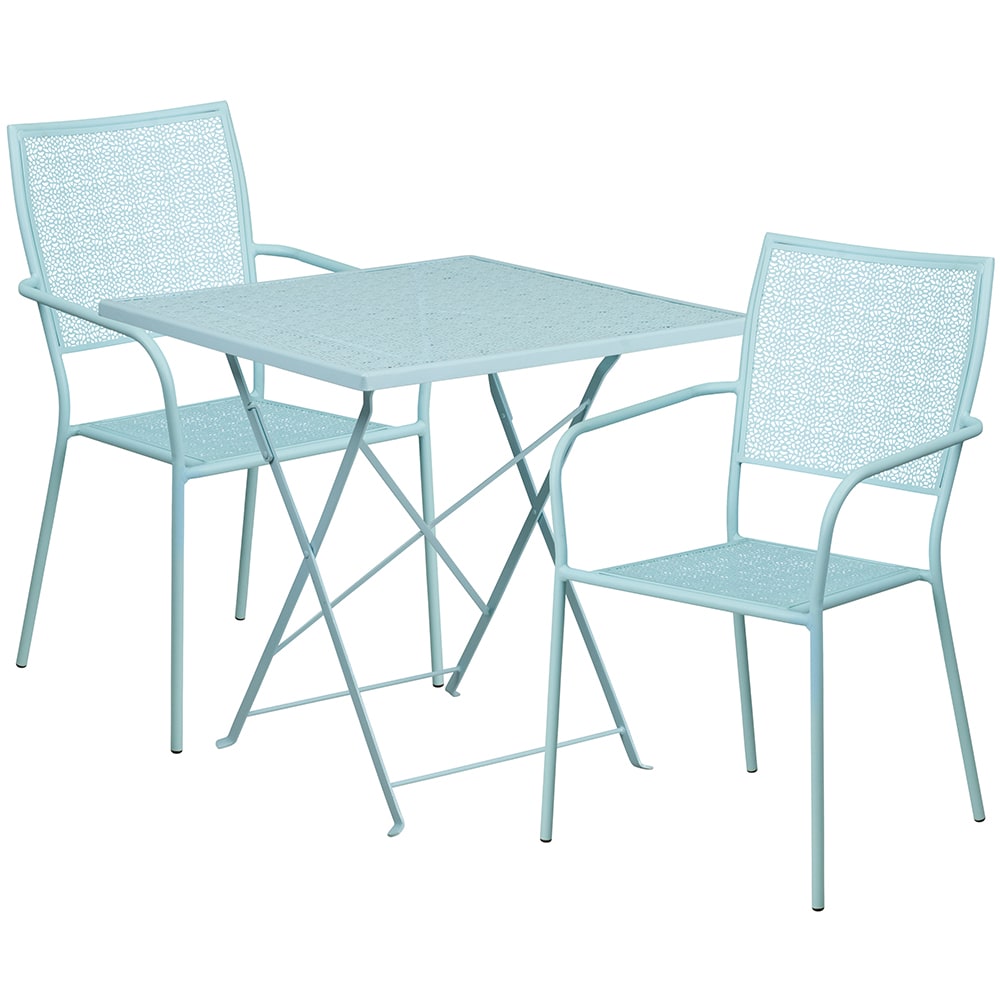 Flash Furniture CO-28SQF-02CHR2-SKY-GG 28" Square Folding Patio Table & (2) Square Back Arm Chair Set - Steel, Sky Blue