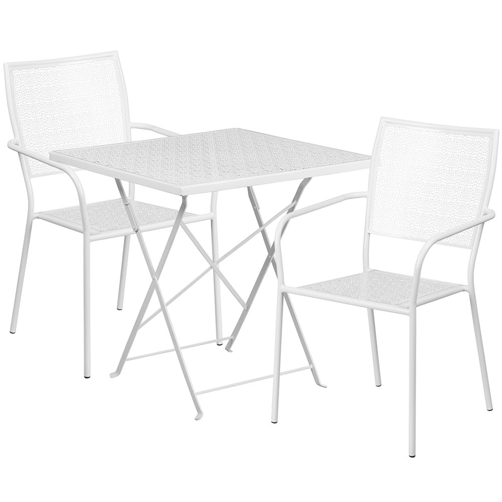 Flash Furniture CO-28SQF-02CHR2-WH-GG 28" Square Folding Patio Table & (2) Square Back Arm Chair Set - Steel, White