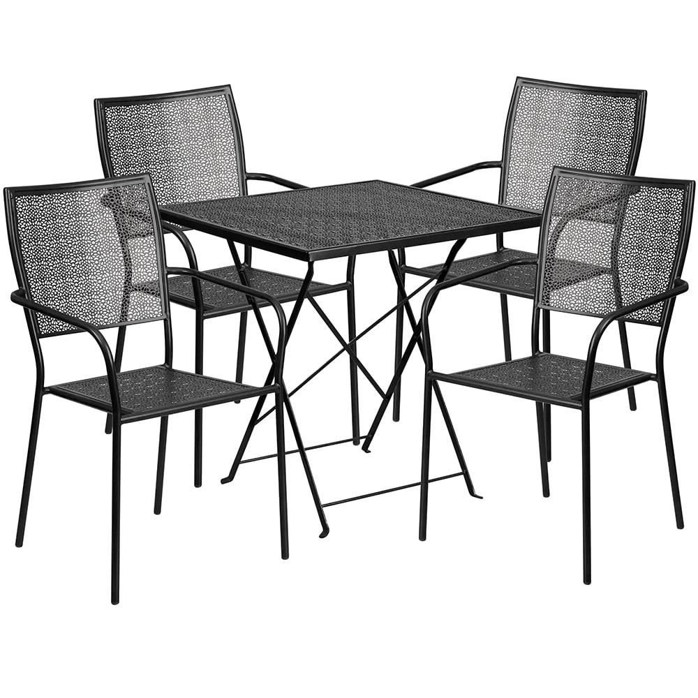 Flash Furniture CO-28SQF-02CHR4-BK-GG 28" Square Folding Patio Table & (4) Square Back Arm Chair Set - Steel, Black