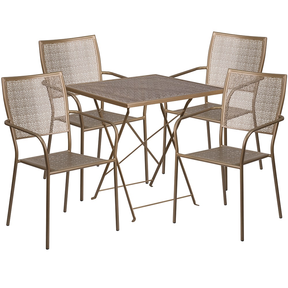 Flash Furniture CO-28SQF-02CHR4-GD-GG 28" Square Folding Patio Table & (4) Square Back Arm Chair Set - Steel, Gold