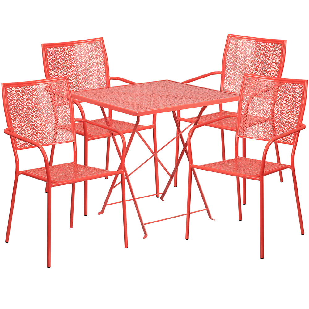 Flash Furniture CO-28SQF-02CHR4-RED-GG 28" Square Folding Patio Table & (4) Square Back Arm Chair Set - Steel, Coral