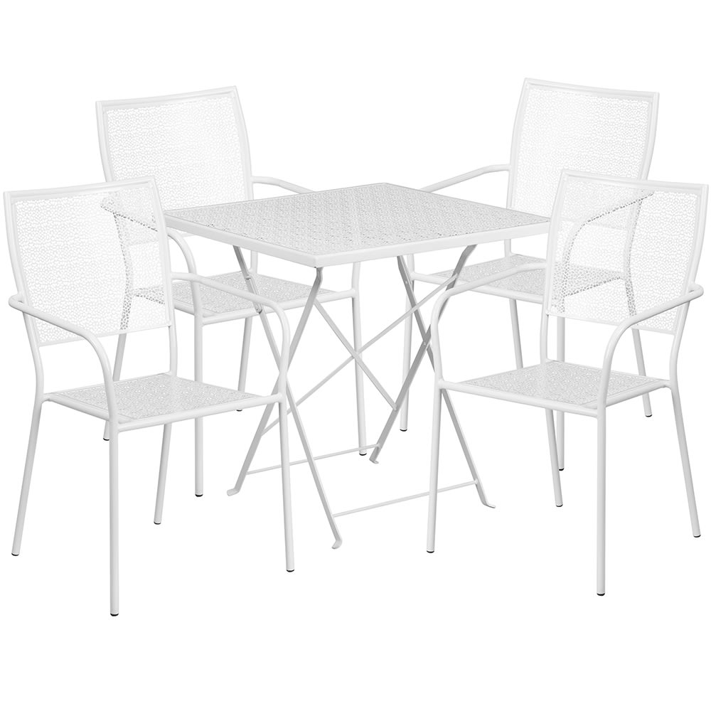 Flash Furniture CO-28SQF-02CHR4-WH-GG 28" Square Folding Patio Table & (4) Square Back Arm Chair Set - Steel, White