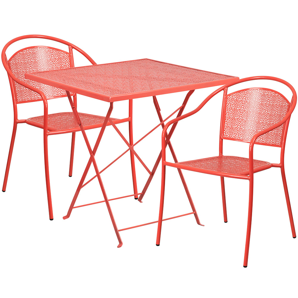 Flash Furniture CO-28SQF-03CHR2-RED-GG 28" Square Folding Patio Table & (2) Round Back Arm Chair Set - Steel, Coral