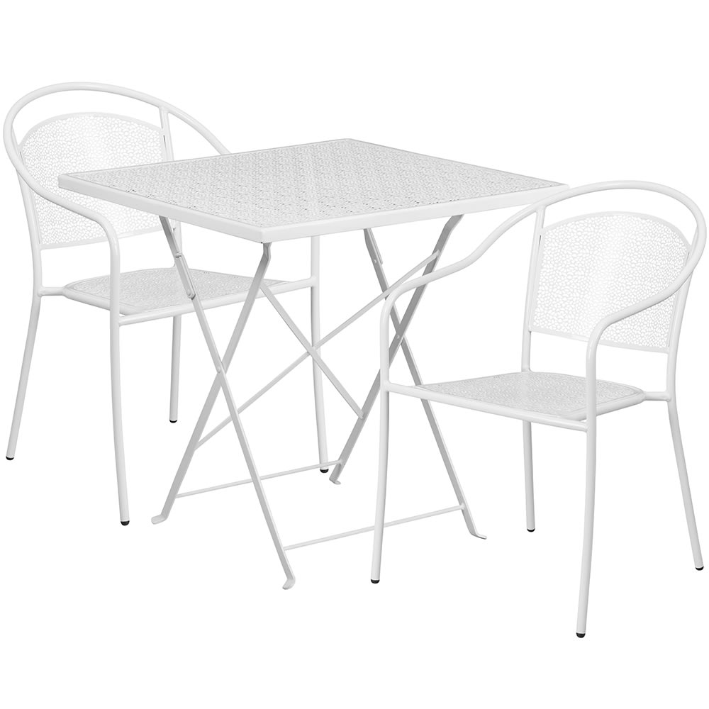 Flash Furniture CO-28SQF-03CHR2-WH-GG 28" Square Folding Patio Table & (2) Round Back Arm Chair Set - Steel, White