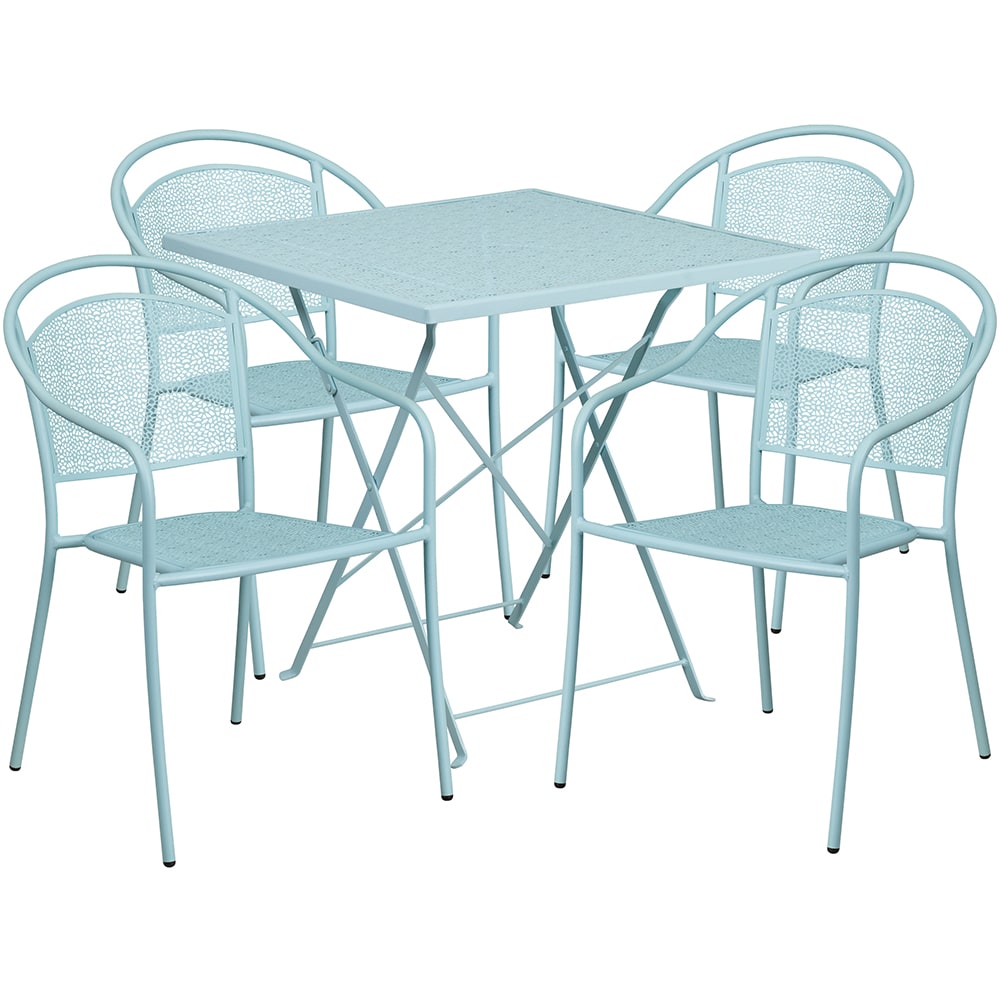 Flash Furniture CO-28SQF-03CHR4-SKY-GG 28" Square Folding Patio Table & (4) Round Back Arm Chair Set - Steel, Sky Blue
