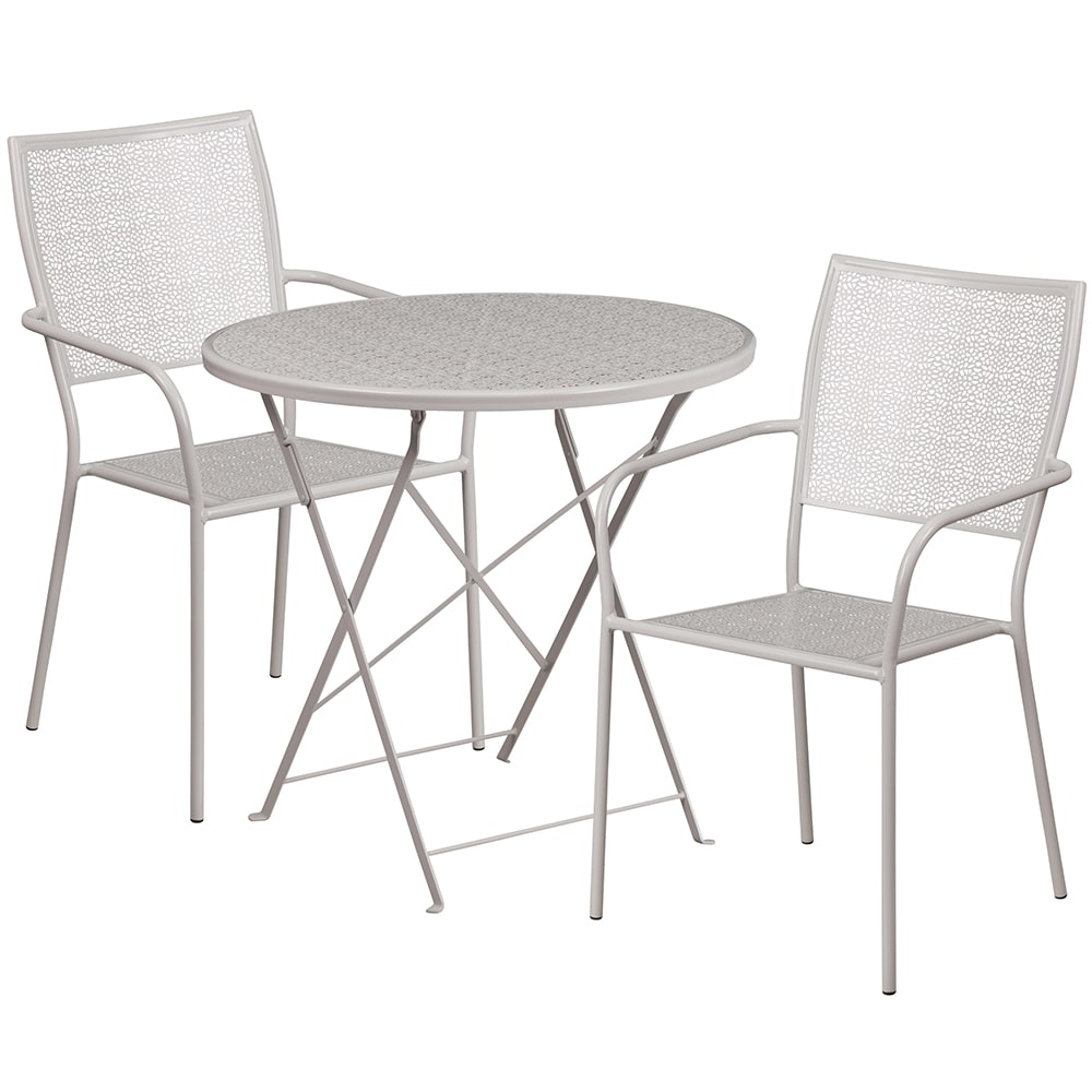 Flash Furniture CO-30RDF-02CHR2-SIL-GG 30" Round Folding Patio Table & (2) Square Back Arm Chair Set - Steel, Light Gray