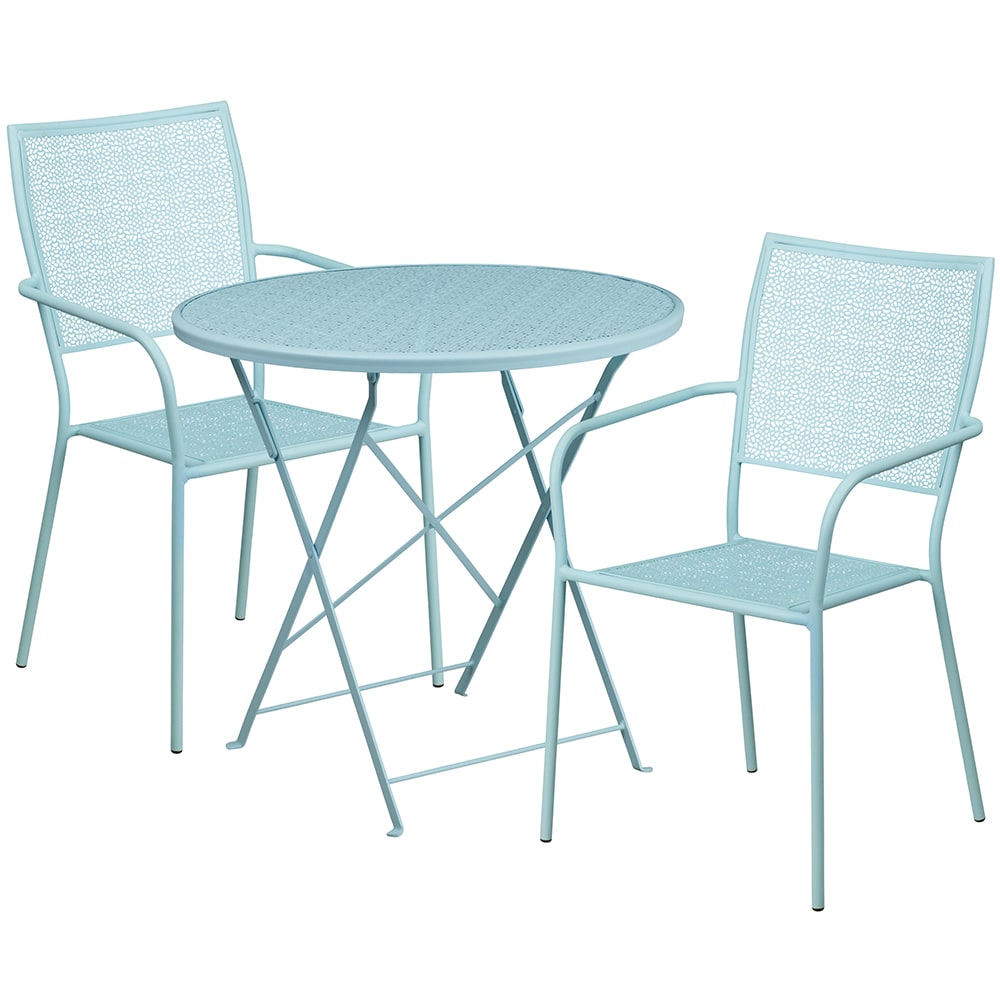 Flash Furniture CO-30RDF-02CHR2-SKY-GG 30" Round Folding Patio Table & (2) Square Back Arm Chair Set - Steel, Sky Blue