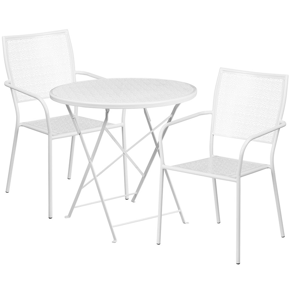 Flash Furniture CO-30RDF-02CHR2-WH-GG 30" Round Folding Patio Table & (2) Square Back Arm Chair Set - Steel, White