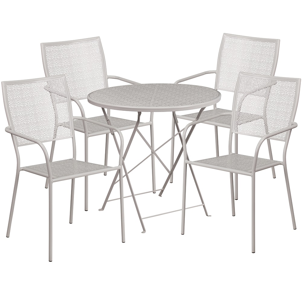 Flash Furniture CO-30RDF-02CHR4-SIL-GG 30" Round Folding Patio Table & (4) Square Back Arm Chair Set - Steel, Light Gray