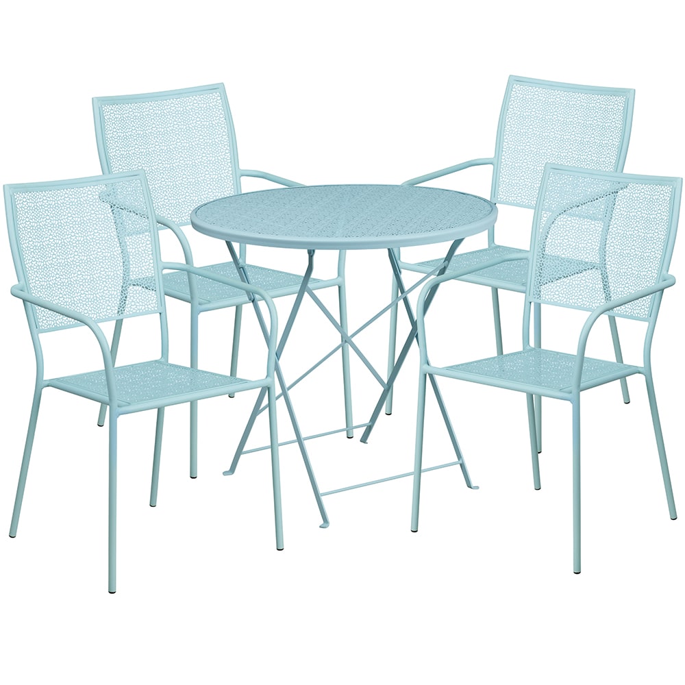 Flash Furniture CO-30RDF-02CHR4-SKY-GG 30" Round Folding Patio Table & (4) Square Back Arm Chair Set - Steel, Sky Blue