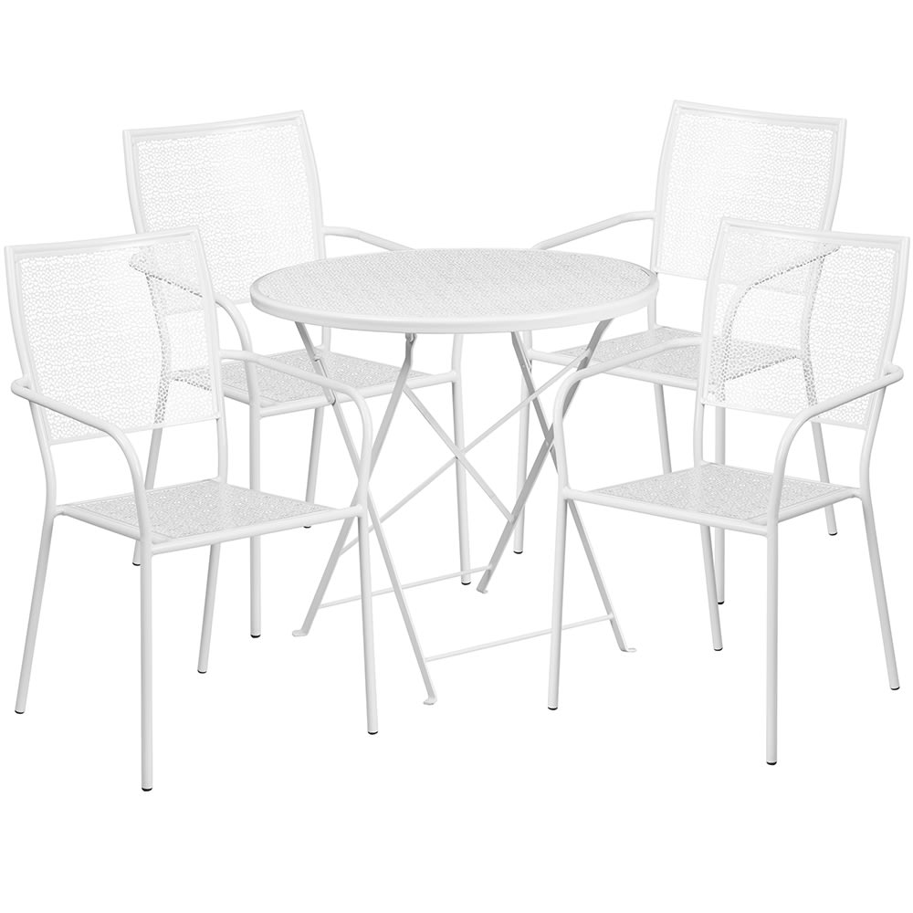 Flash Furniture CO-30RDF-02CHR4-WH-GG 30" Round Folding Patio Table & (4) Square Back Arm Chair Set - Steel, White
